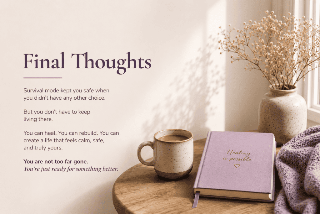 A beige mug, a lavender notebook titled Healing is possible, and a vase with dried flowers sit on a round wooden table beside a window with sunlight streaming in. Inspirational text on healing and hope appears on the left.