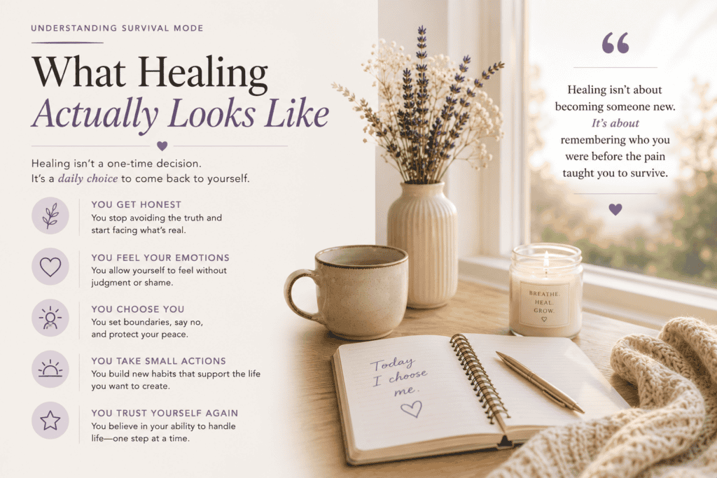 A cozy scene with a notebook, pen, mug, and lit candle on a table by a window. A vase of lavender and a motivational note reading Today I choose me emphasize themes of healing and self-care. Text explains steps to healing.