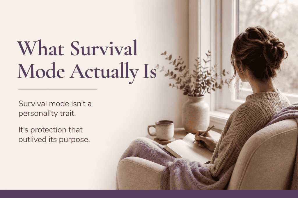 A woman with a bun sits in a cozy chair by a window, writing in a notebook. Text reads: What Survival Mode Actually Is. Survival mode isn’t a personality trait. It’s protection that outlived its purpose.