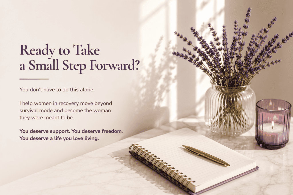 A marble table with an open notebook and pen, next to a lit purple candle and a vase of lavender. Sunlight casts shadows. Text encourages women in recovery, offering support and hope for a better life.