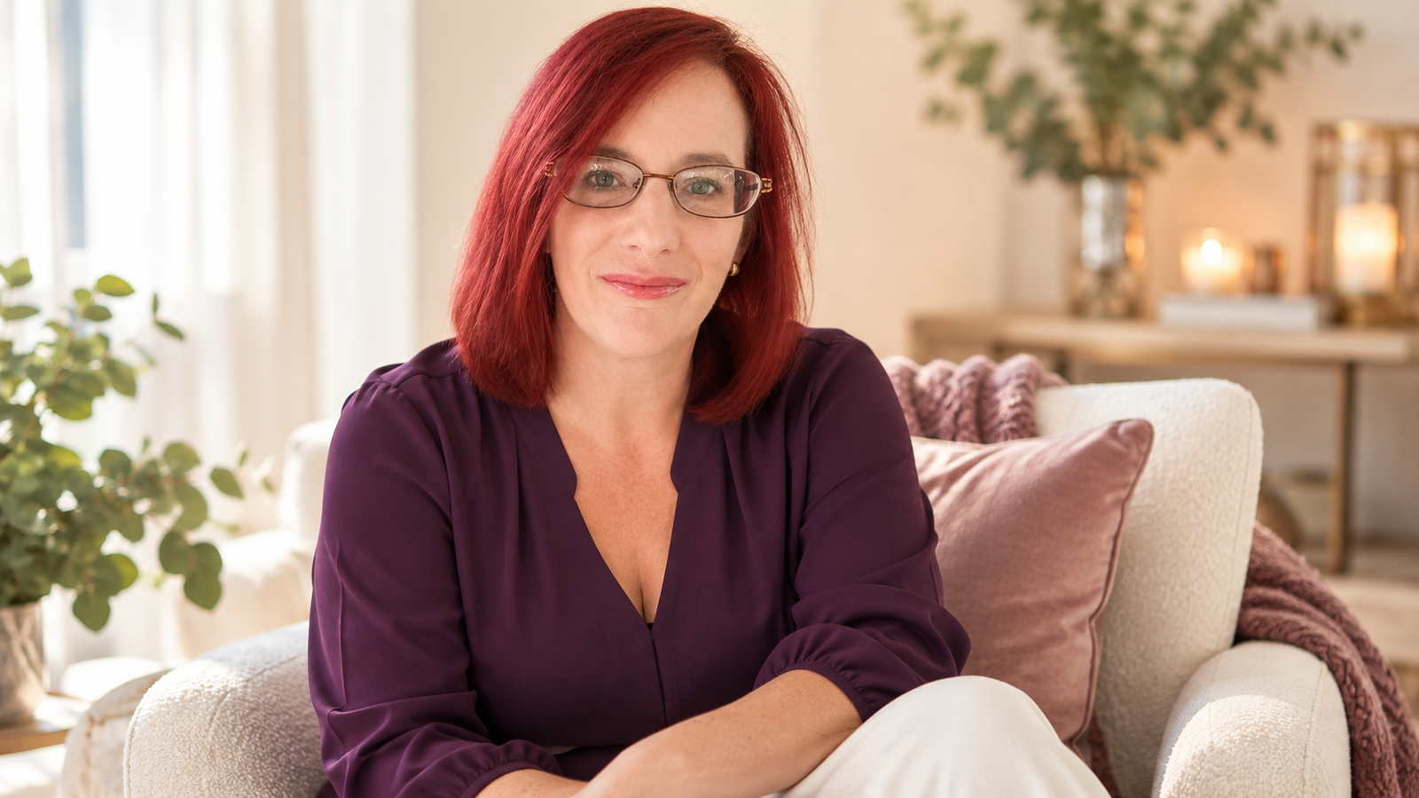 A woman with shoulder-length red hair and glasses wearing a purple blouse sits in an armchair.