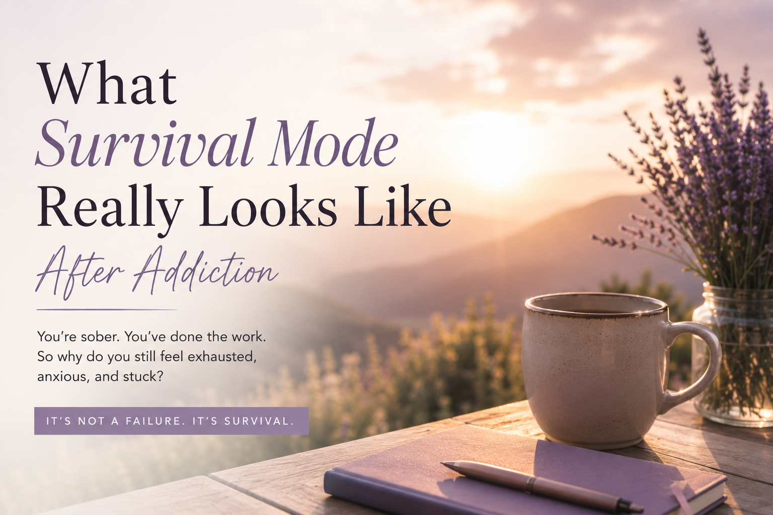 Text on an image reading: What Survival Mode Really Looks Like After Addiction. Youre sober. Youve done the work. So why do you still feel exhausted, anxious, and stuck? Its not a failure. Its survival. The background shows a coffee cup and flowers.