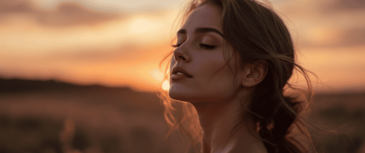 A young woman with her eyes closed in a calm expression at sunset.