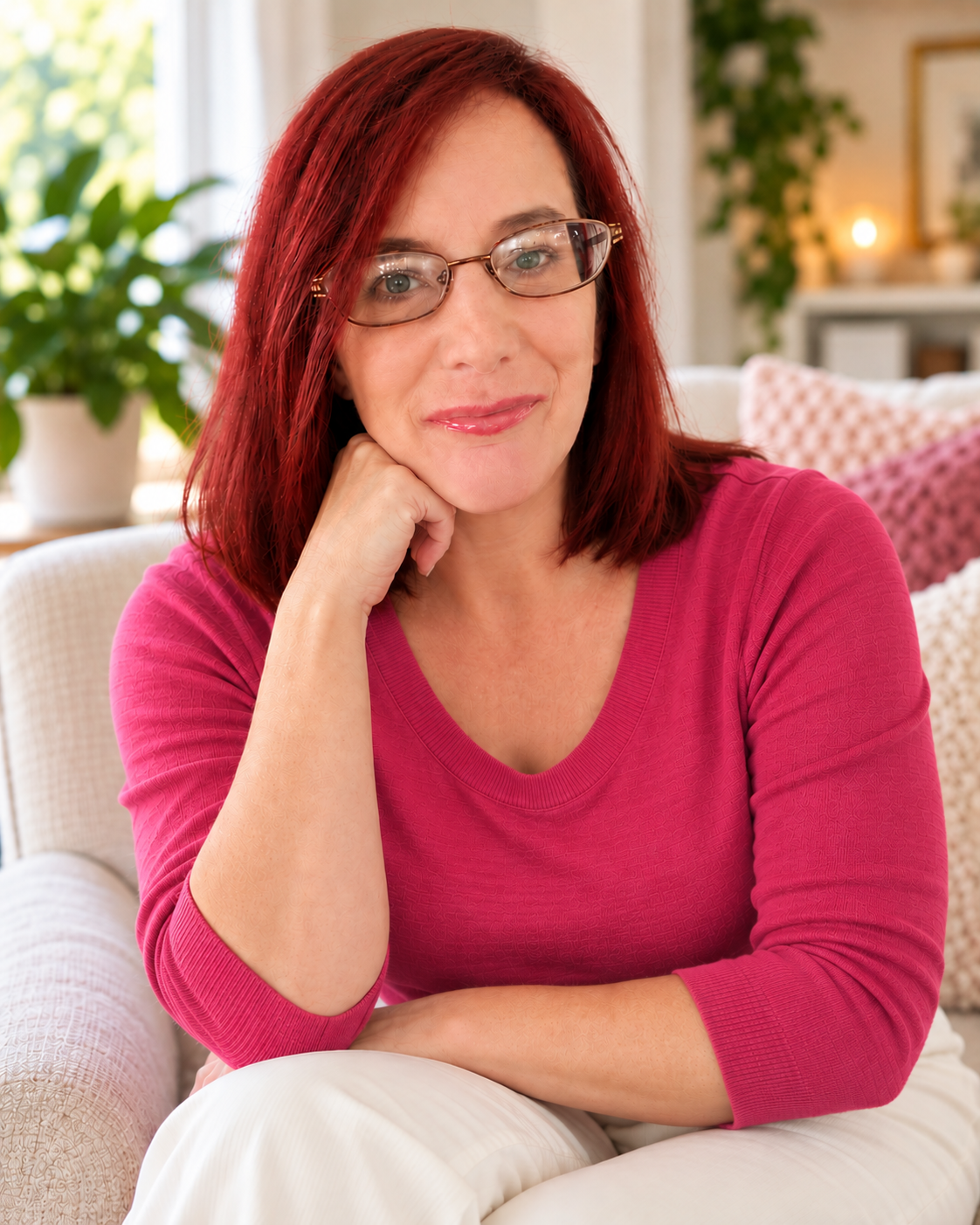 A woman with shoulder-length red hair and glasses wearing a magenta sweater, sitting in a chair with her hand resting on her chin.